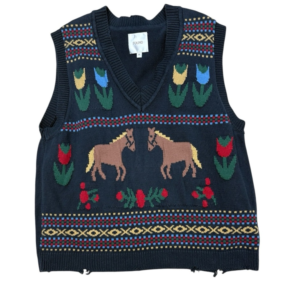 Free People Navy Horse Isles Knit Sweater Vest Medium Equestrian Cottage EUC - Picture 11 of 13